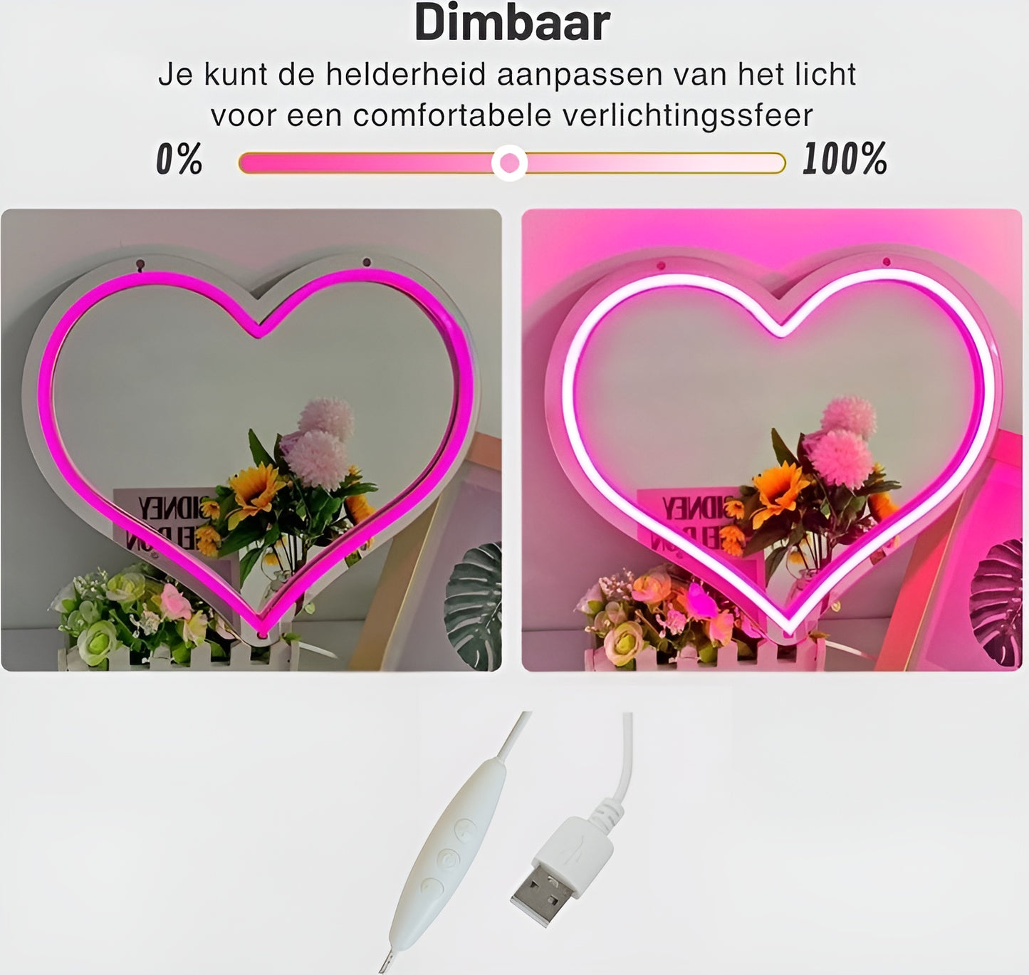 Neon Lamp Decoratie Spiegel – Hart – 45 x 45 - Dimbaar - Incl. Ophangmateriaal