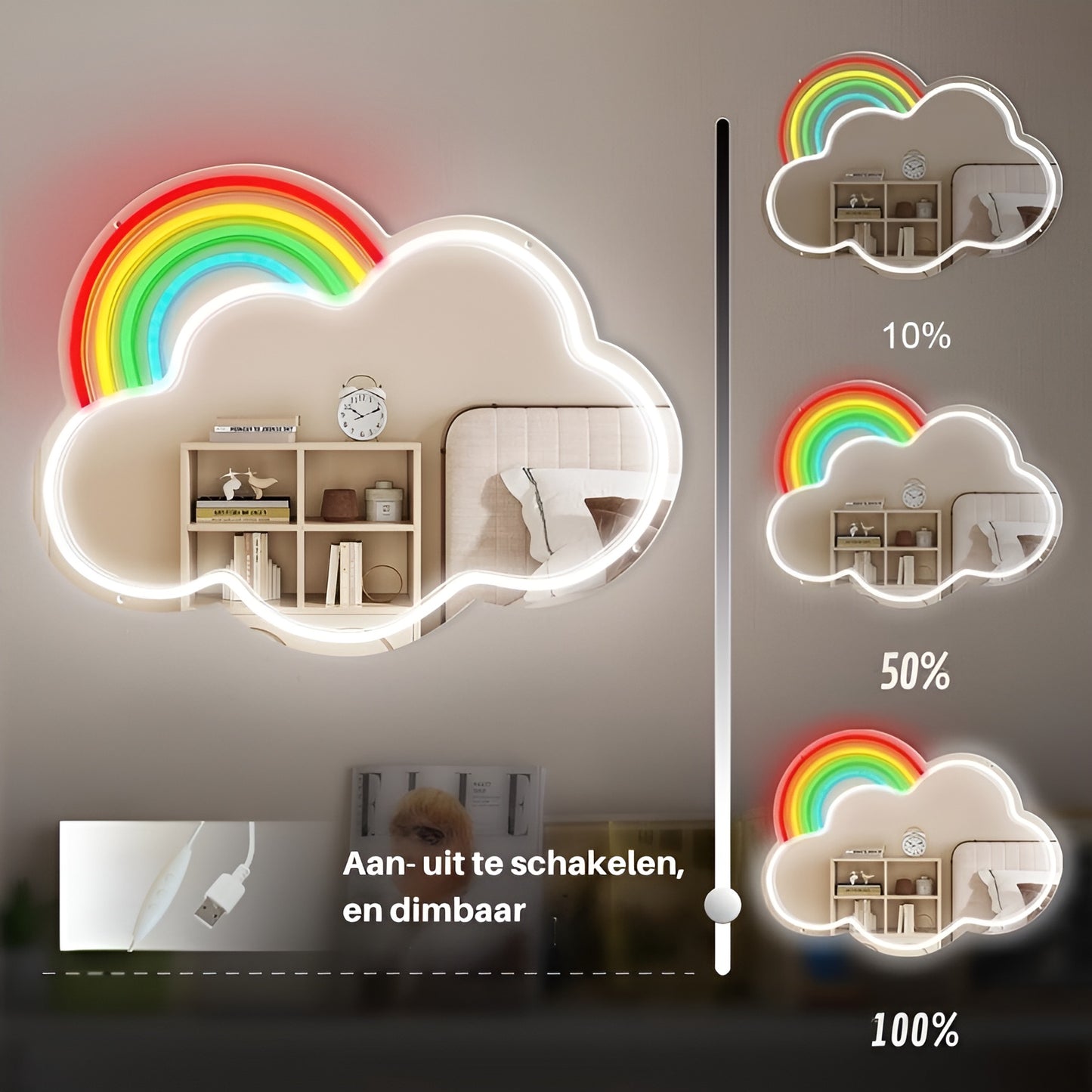 Neon Lamp Decoratie Spiegel – Wolk Regenboog – 35 x 45 - Dimbaar - Incl. Ophangmateriaal