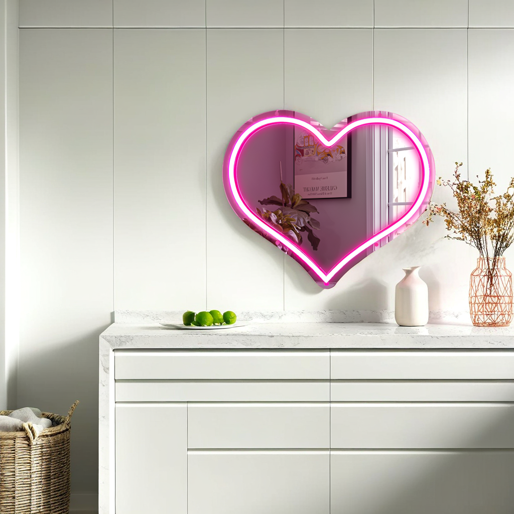 Neon Lamp Decoratie Spiegel – Hart – 45 x 45 - Dimbaar - Incl. Ophangmateriaal