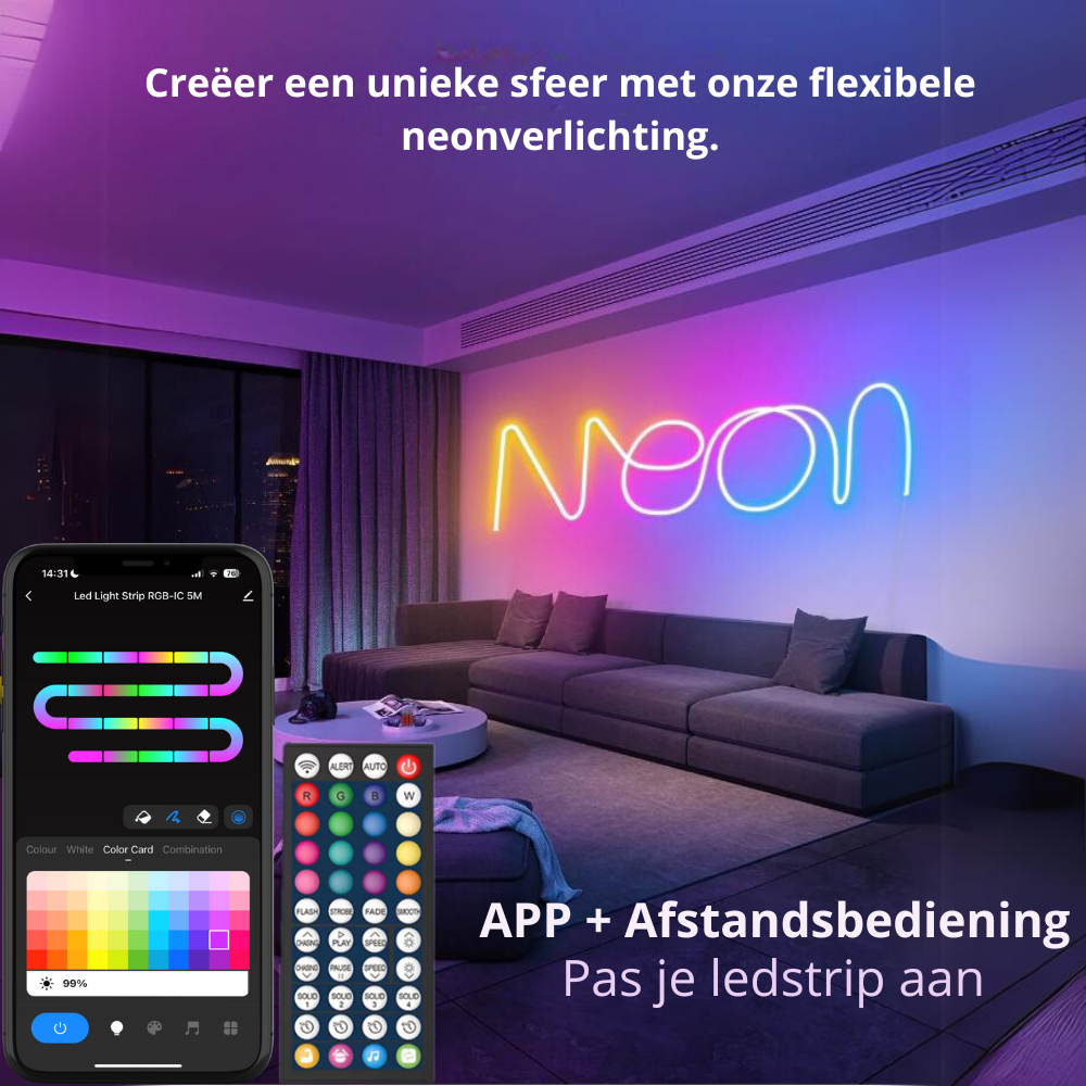 Smart Neon LED Strip – 5 Meter – RGBIC – 16 Miljoen Kleuren - Voor Binnen & Buiten - App & Afstandsbediening – Incl. Bevestigingsmateriaal