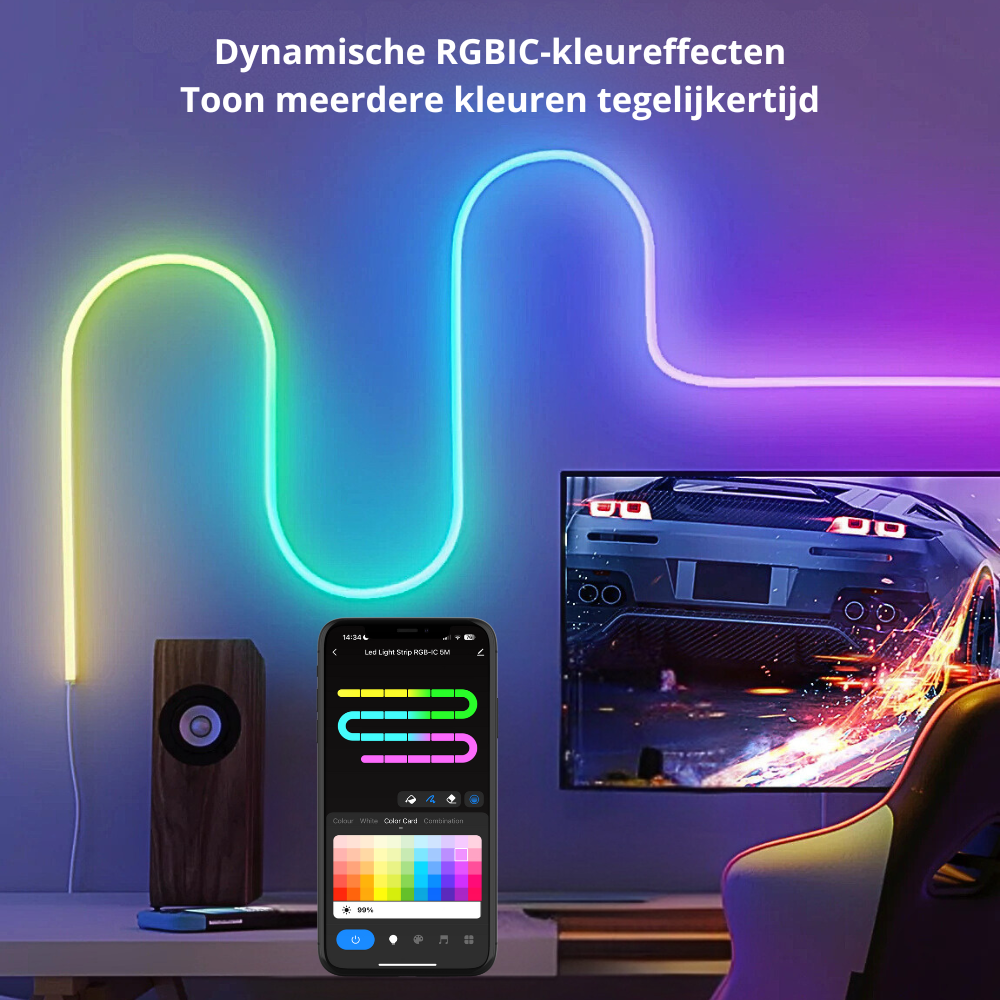 Smart Neon LED Strip – 5 Meter – RGBIC – 16 Miljoen Kleuren - Voor Binnen & Buiten - App & Afstandsbediening – Incl. Bevestigingsmateriaal