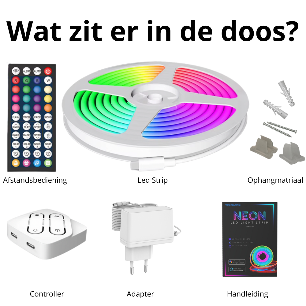 Smart Neon LED Strip – 5 Meter – RGBIC – 16 Miljoen Kleuren - Voor Binnen & Buiten - App & Afstandsbediening – Incl. Bevestigingsmateriaal