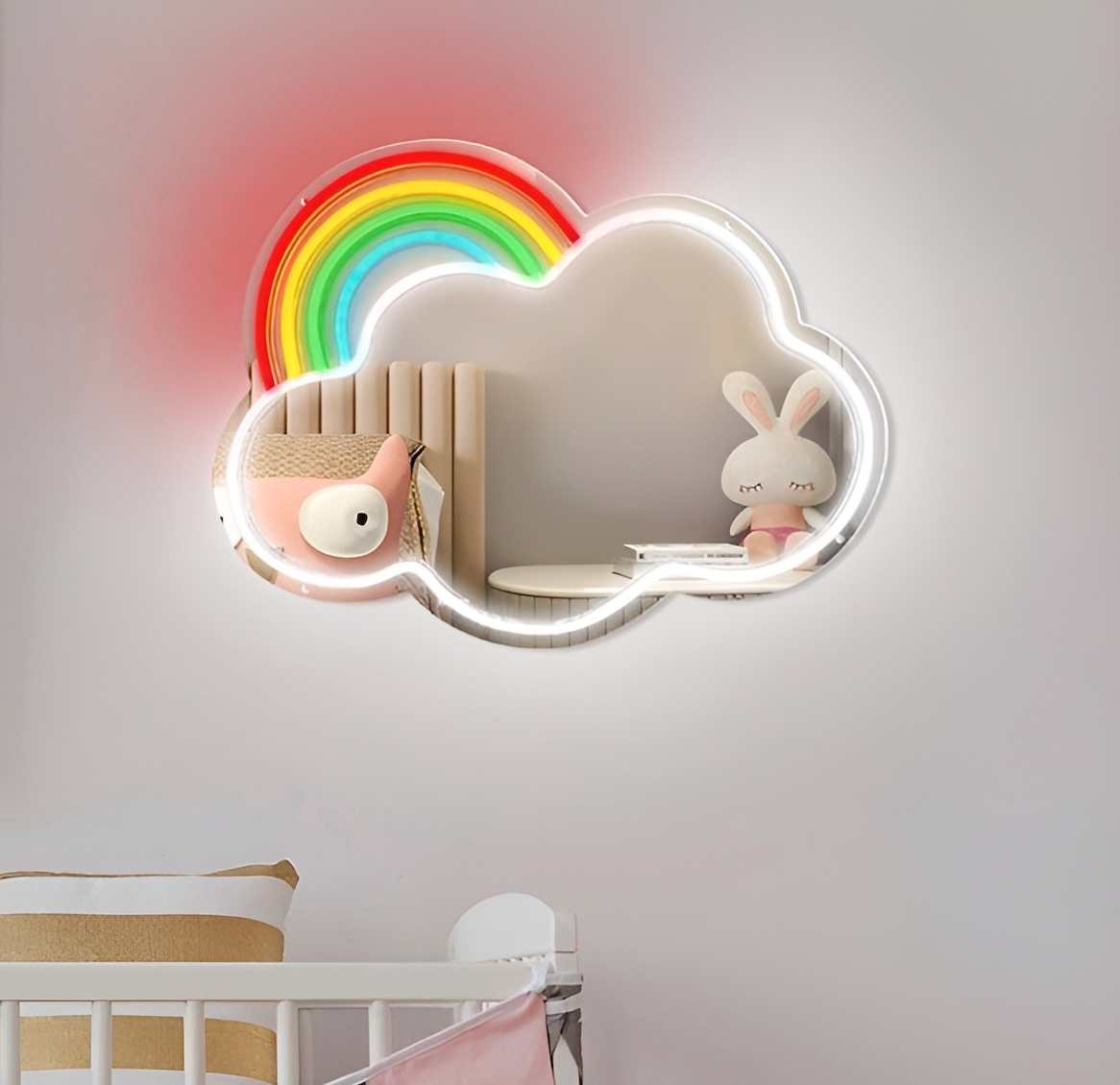 Neon Lamp Decoratie Spiegel – Wolk Regenboog – 35 x 45 - Dimbaar - Incl. Ophangmateriaal
