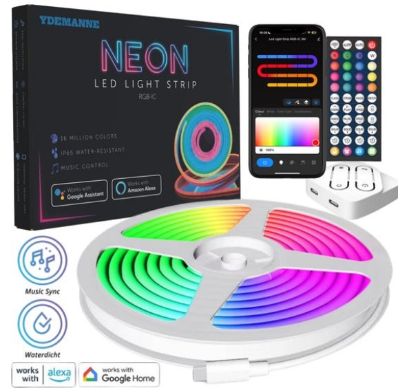 Smart Neon LED Strip – 5 Meter – RGBIC – 16 Miljoen Kleuren - Voor Binnen & Buiten - App & Afstandsbediening – Incl. Bevestigingsmateriaal