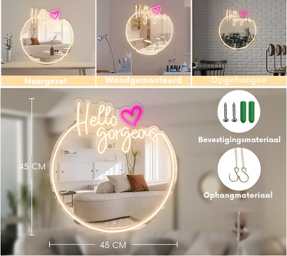 Neon Lamp Decoratie Spiegel – Hello Gorgeous – 45 x 45 - Dimbaar - Incl. Ophangmateriaal