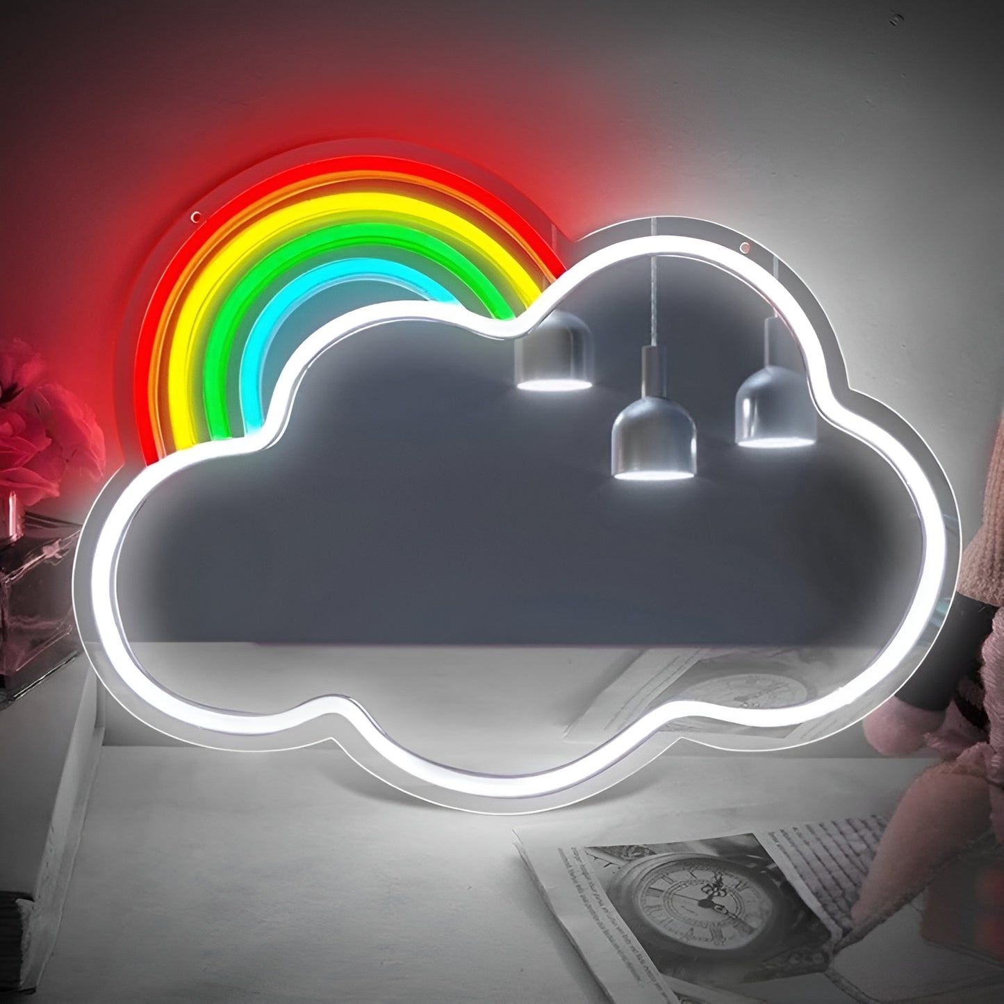 Neon Lamp Decoratie Spiegel – Wolk Regenboog – 35 x 45  - Dimbaar -  Incl. Ophangmateriaal