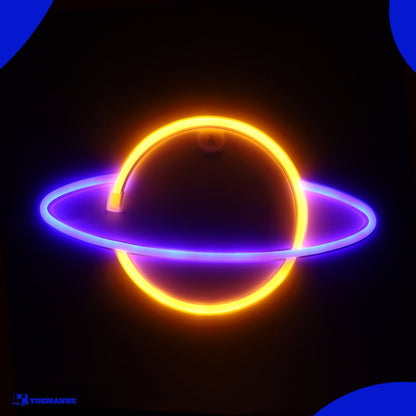 Neon Lamp - Planeet Geel / Blauw - Incl. 3 Batterijen - 17 x 30 cm