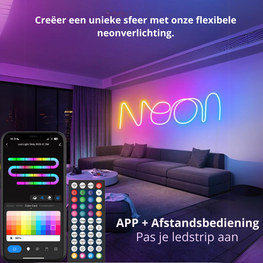 Smart Neon LED Strip – 3 Meter – RGBIC – 16 Miljoen Kleuren - Voor Binnen & Buiten - App & Afstandsbediening – Incl. Bevestigingsmateriaal