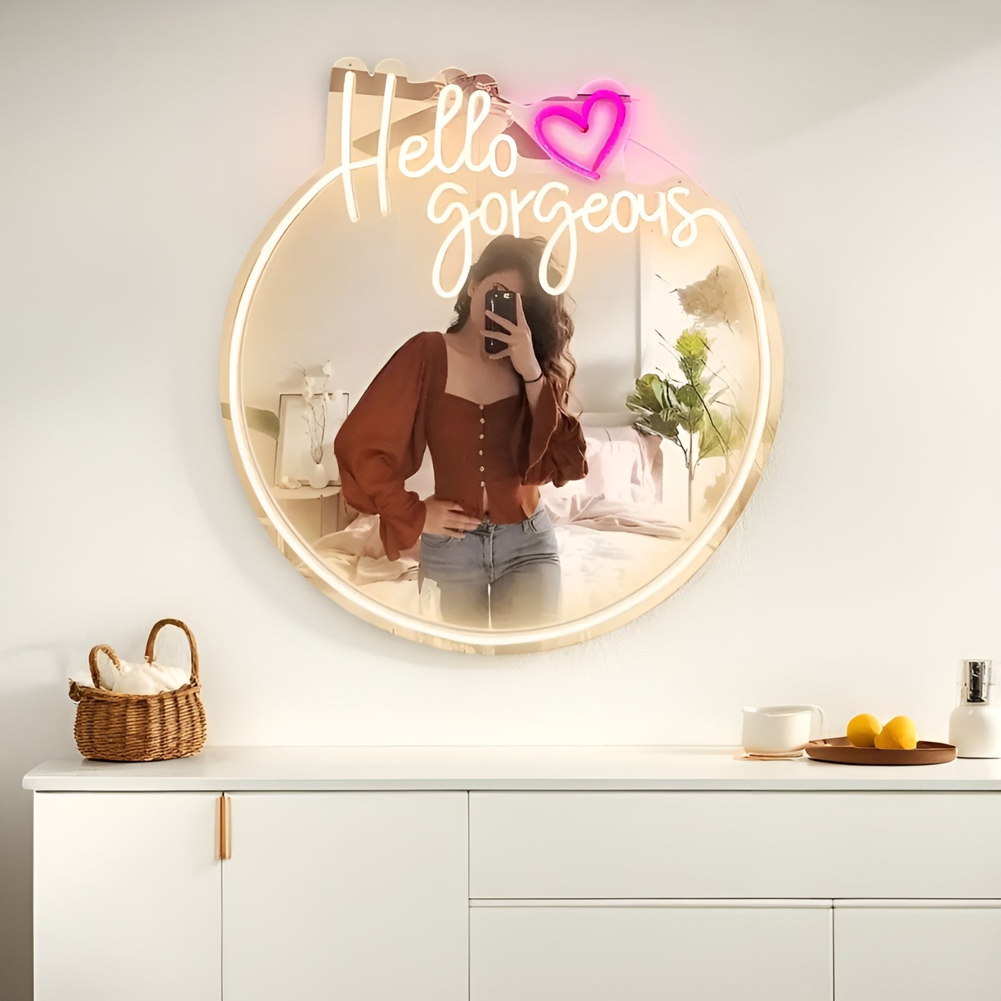 Neon Lamp Decoratie Spiegel – Hello Gorgeous – 45 x 45 - Dimbaar - Incl. Ophangmateriaal