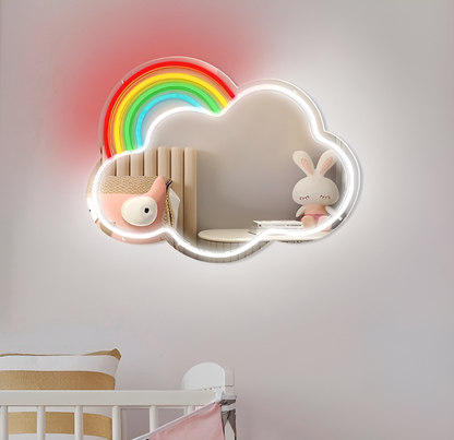 Neon Lamp Decoratie Spiegel – Wolk Regenboog – 35 x 45  - Dimbaar -  Incl. Ophangmateriaal