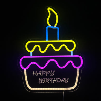 Neon Lamp - Taart - Happy Birthday - Incl. Ophanghaakjes - Neon Sign - 40 x 31 cm