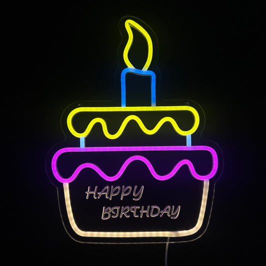 Neon Lamp - Taart - Happy Birthday - Incl. Ophanghaakjes - Neon Sign - 40 x 31 cm