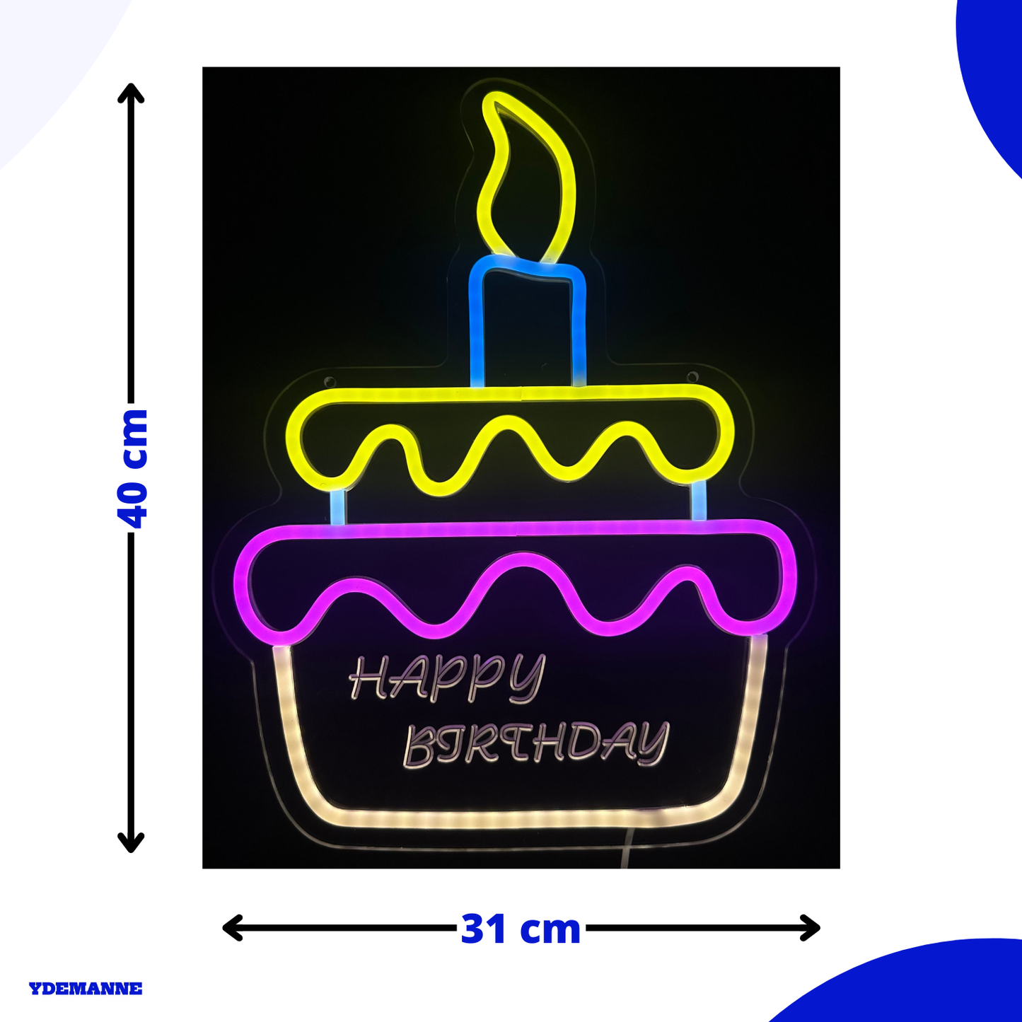 Neon Lamp - Taart - Happy Birthday - Incl. Ophanghaakjes - Neon Sign - 40 x 31 cm