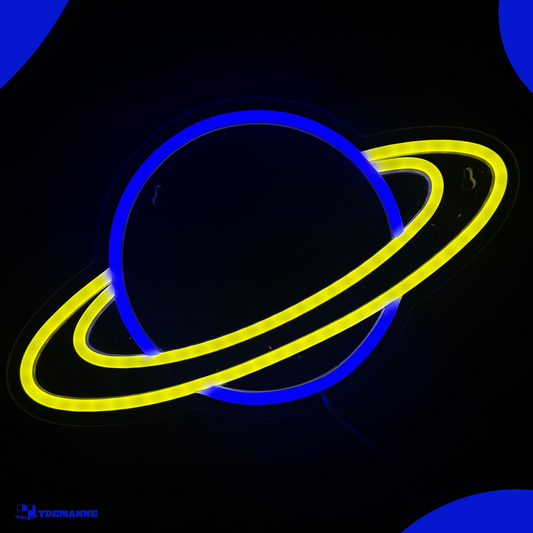 Neon Lamp - Planeet Blauw / Geel - Incl. Ophanghaakjes - Neon Sign - 20 x 34 cm