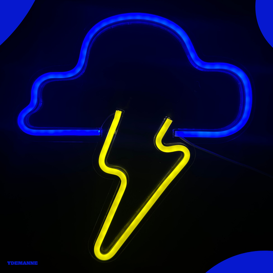 Neon Lamp - Wolk Bliksem Blauw / Geel - Incl. Ophanghaakjes - Neon Sign - 33 x 31 cm